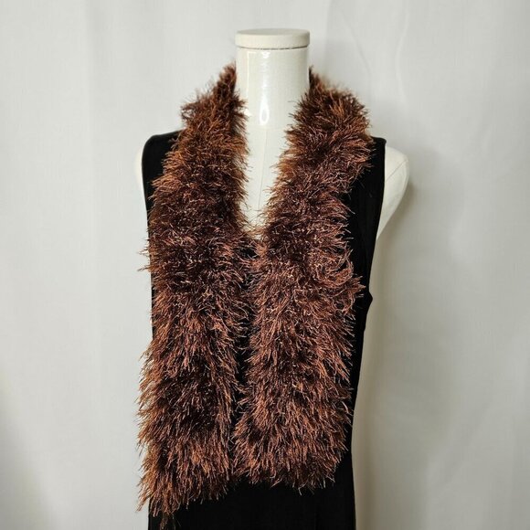 Brown Plush Glitter Eyelash Hand-Knit Scarf Boa Narrow Lightweight - Picture 1 of 9